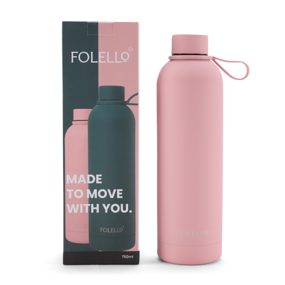 FOLELLO 750ml Stainless Steel Double Layer Vacuum Insulated Water Bottle | Keeps Drinks Cold for 24 Hours & Hot for 12 Hours | Sweat-Free Rubberized Finish | Leakproof & BPA-Free | Perfect for Gym, Office, Travel | Stylish Pink Design