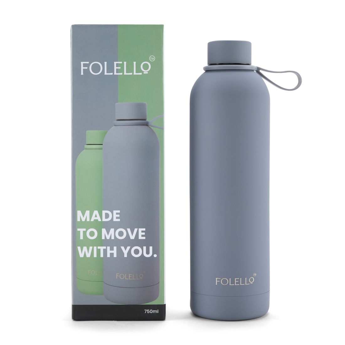 FOLELLO 750ml Stainless Steel Double Layer Vacuum Insulated Water Bottle | Keeps Drinks Cold for 24 Hours & Hot for 12 Hours | Sweat-Free Rubberized Finish | Leakproof & BPA-Free | Perfect for Gym, Office, Travel | Stylish Grey Design