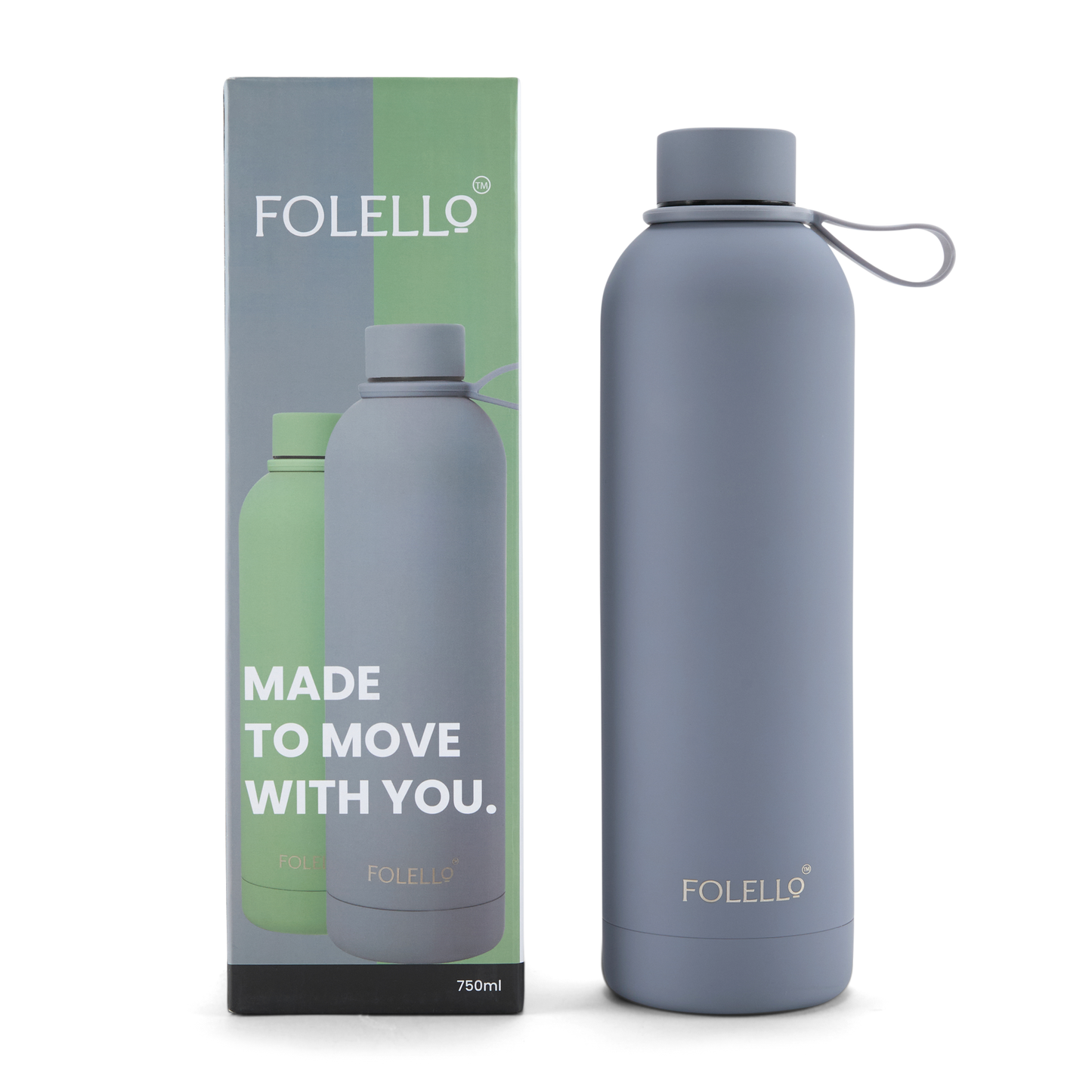 FOLELLO 750ml Stainless Steel Double Layer Vacuum Insulated Water Bottle | Keeps Drinks Cold for 24 Hours & Hot for 12 Hours | Sweat-Free Rubberized Finish | Leakproof & BPA-Free | Perfect for Gym, Office, Travel | Stylish Grey Design