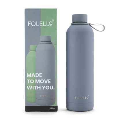 FOLELLO 750ml Stainless Steel Double Layer Vacuum Insulated Water Bottle | Keeps Drinks Cold for 24 Hours & Hot for 12 Hours | Sweat-Free Rubberized Finish | Leakproof & BPA-Free | Perfect for Gym, Office, Travel | Stylish Grey Design