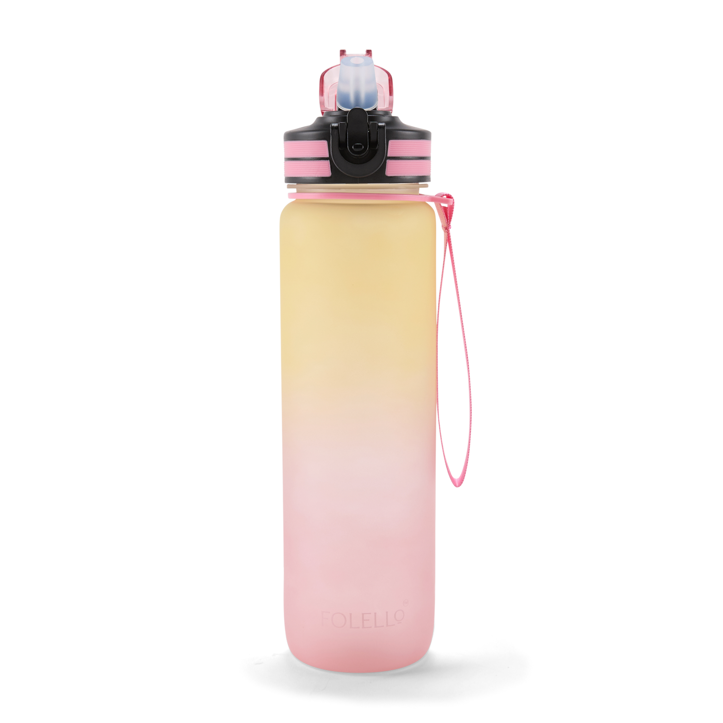 Folello 1L Tritan Water Bottle with Motivational Time Marker | Leakproof Sipper Bottle for Gym, Office, and Travel | BPA-Free with Hydration Reminder App | Stylish Pink Lemon Design | 1 Litre