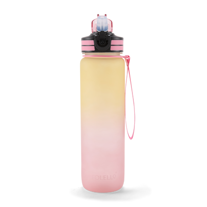 Folello 1L Tritan Water Bottle with Motivational Time Marker | Leakproof Sipper Bottle for Gym, Office, and Travel | BPA-Free with Hydration Reminder App | Stylish Pink Lemon Design | 1 Litre