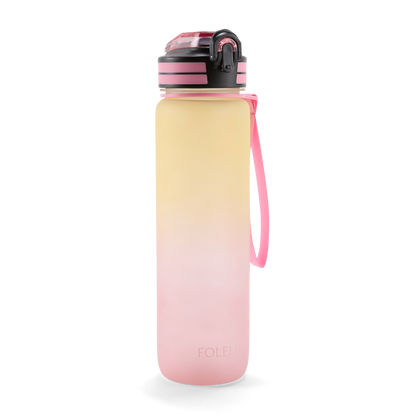 Folello 1L Tritan Water Bottle with Motivational Time Marker | Leakproof Sipper Bottle for Gym, Office, and Travel | BPA-Free with Hydration Reminder App | Stylish Pink Lemon Design | 1 Litre