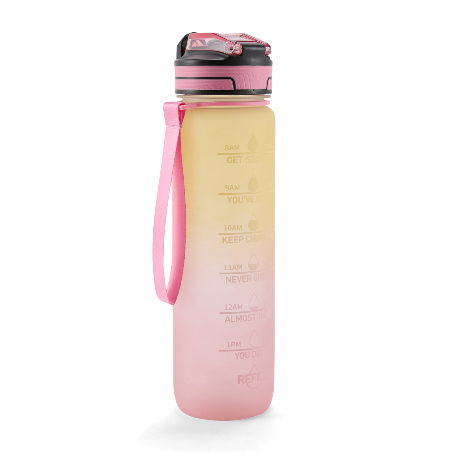Folello 1L Tritan Water Bottle with Motivational Time Marker | Leakproof Sipper Bottle for Gym, Office, and Travel | BPA-Free with Hydration Reminder App | Stylish Pink Lemon Design | 1 Litre