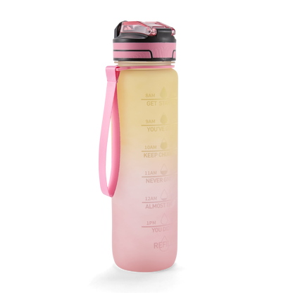 Folello 1L Tritan Water Bottle with Motivational Time Marker | Leakproof Sipper Bottle for Gym, Office, and Travel | BPA-Free with Hydration Reminder App | Stylish Pink Lemon Design | 1 Litre