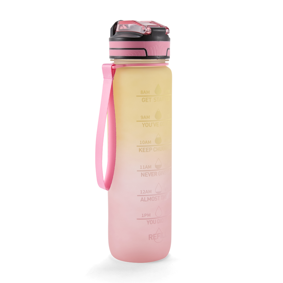 Folello 1L Tritan Water Bottle with Motivational Time Marker | Leakproof Sipper Bottle for Gym, Office, and Travel | BPA-Free with Hydration Reminder App | Stylish Pink Lemon Design | 1 Litre