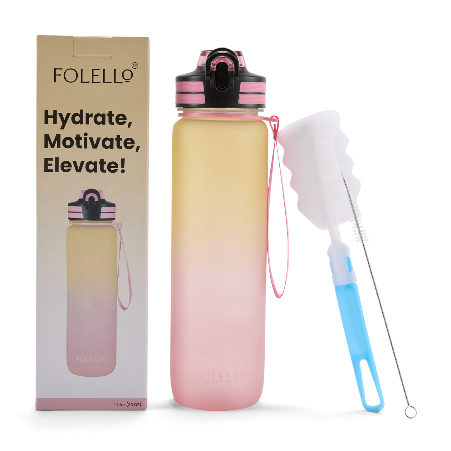 Folello 1L Tritan Water Bottle with Motivational Time Marker | Leakproof Sipper Bottle for Gym, Office, and Travel | BPA-Free with Hydration Reminder App | Stylish Pink Lemon Design | 1 Litre