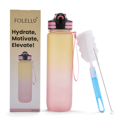 Folello 1L Tritan Water Bottle with Motivational Time Marker | Leakproof Sipper Bottle for Gym, Office, and Travel | BPA-Free with Hydration Reminder App | Stylish Pink Lemon Design | 1 Litre