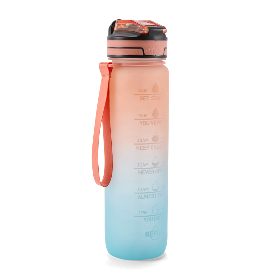 Folello 1L Tritan Water Bottle with Motivational Time Marker | Leakproof Sipper Bottle for Gym, Office, and Travel | BPA-Free with Hydration Reminder App | Passionate Teal Orange Design | 1 Litre