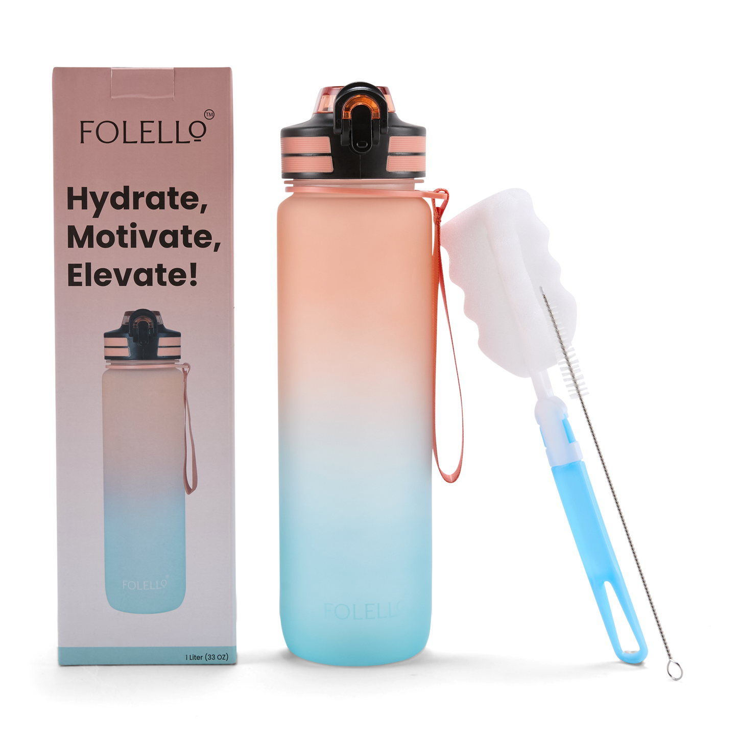 Folello 1L Tritan Water Bottle with Motivational Time Marker | Leakproof Sipper Bottle for Gym, Office, and Travel | BPA-Free with Hydration Reminder App | Passionate Teal Orange Design | 1 Litre