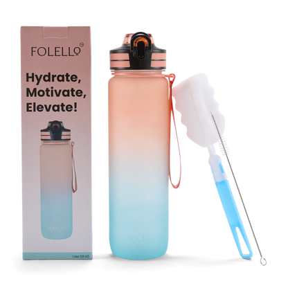 Folello 1L Tritan Water Bottle with Motivational Time Marker | Leakproof Sipper Bottle for Gym, Office, and Travel | BPA-Free with Hydration Reminder App | Passionate Teal Orange Design | 1 Litre