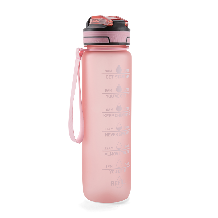 Folello 1L Tritan Water Bottle with Motivational Time Marker | Leakproof Sipper Bottle for Gym, Office, and Travel | BPA-Free with Hydration Reminder App | Passionate Pink Design | 1 Litre