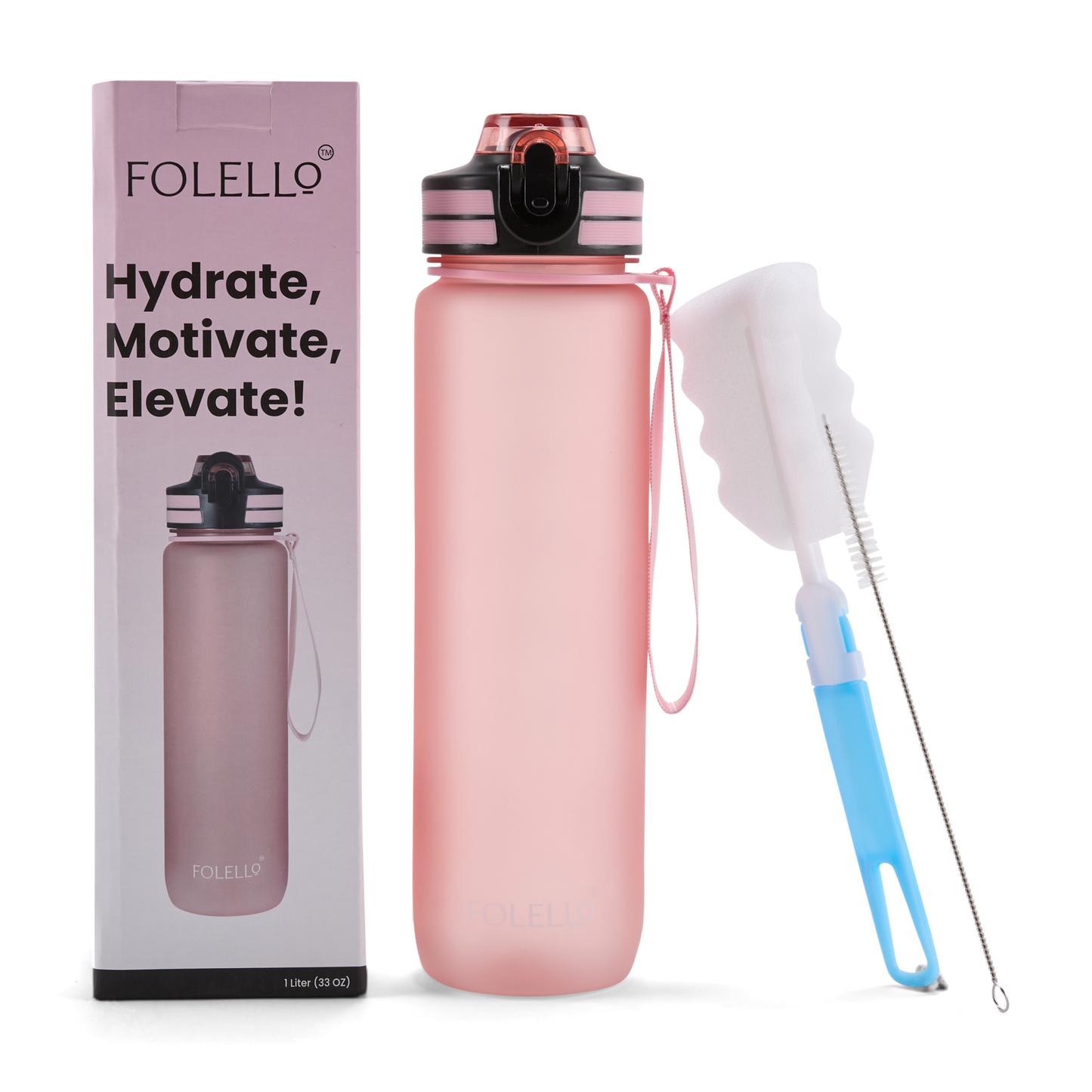 Folello 1L Tritan Water Bottle with Motivational Time Marker | Leakproof Sipper Bottle for Gym, Office, and Travel | BPA-Free with Hydration Reminder App | Passionate Pink Design | 1 Litre