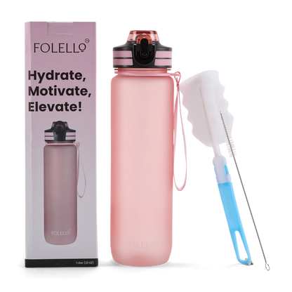 Folello 1L Tritan Water Bottle with Motivational Time Marker | Leakproof Sipper Bottle for Gym, Office, and Travel | BPA-Free with Hydration Reminder App | Passionate Pink Design | 1 Litre