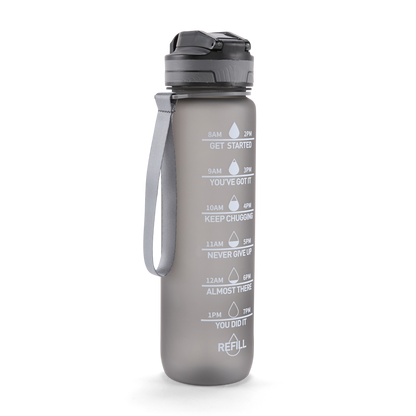 Folello 1L Tritan Water Bottle with Motivational Time Marker | Leakproof Sipper Bottle for Gym, Office, and Travel | BPA-Free with Hydration Reminder App | Stylish Grey Design | 1 Litre
