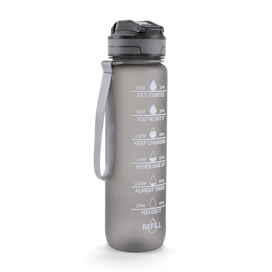 Folello 1L Tritan Water Bottle with Motivational Time Marker | Leakproof Sipper Bottle for Gym, Office, and Travel | BPA-Free with Hydration Reminder App | Stylish Grey Design | 1 Litre