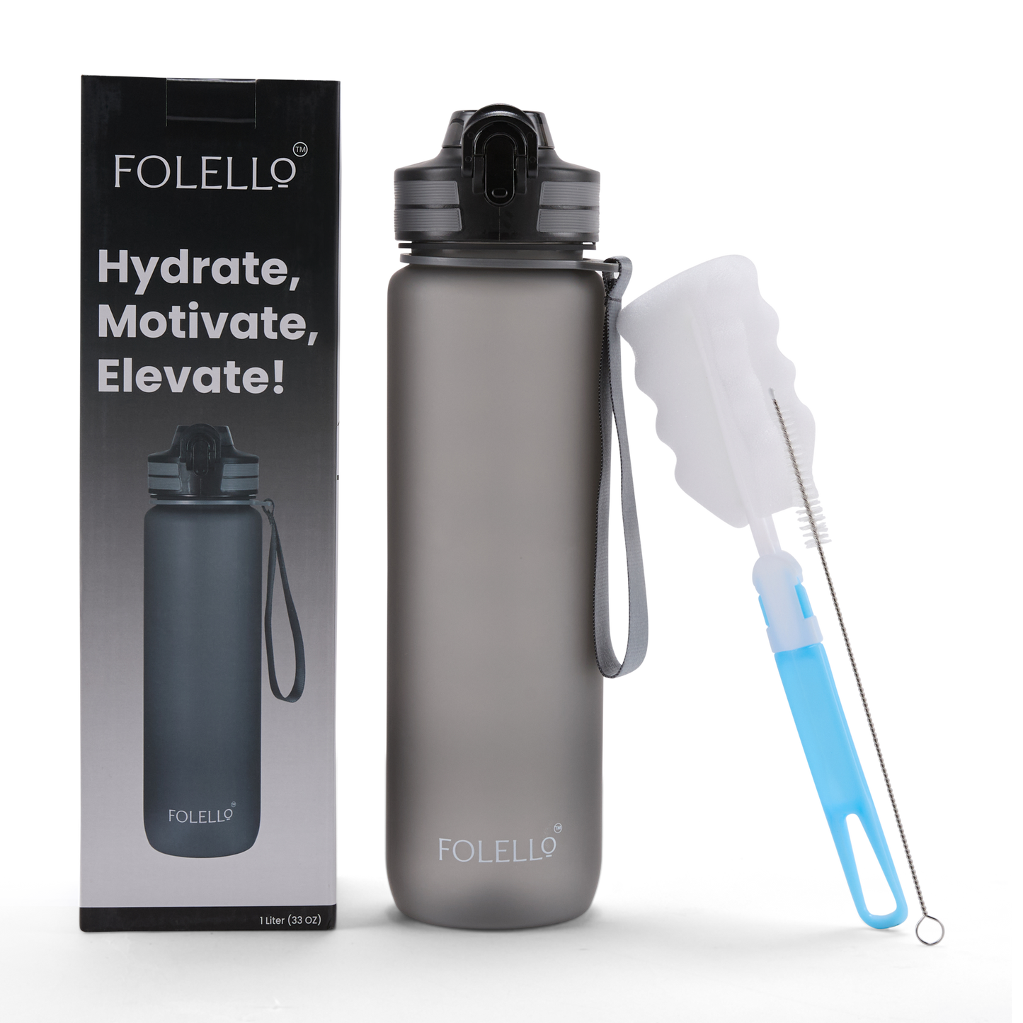 Folello 1L Tritan Water Bottle with Motivational Time Marker | Leakproof Sipper Bottle for Gym, Office, and Travel | BPA-Free with Hydration Reminder App | Stylish Grey Design | 1 Litre