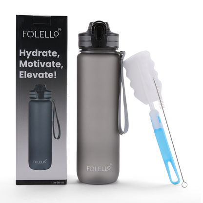 Folello 1L Tritan Water Bottle with Motivational Time Marker | Leakproof Sipper Bottle for Gym, Office, and Travel | BPA-Free with Hydration Reminder App | Stylish Grey Design | 1 Litre