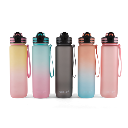 Folello 1L Tritan Water Bottle with Motivational Time Marker | Leakproof Sipper Bottle for Gym, Office, and Travel | BPA-Free with Hydration Reminder App | Cool Indigo Pink Design | 1 Litre