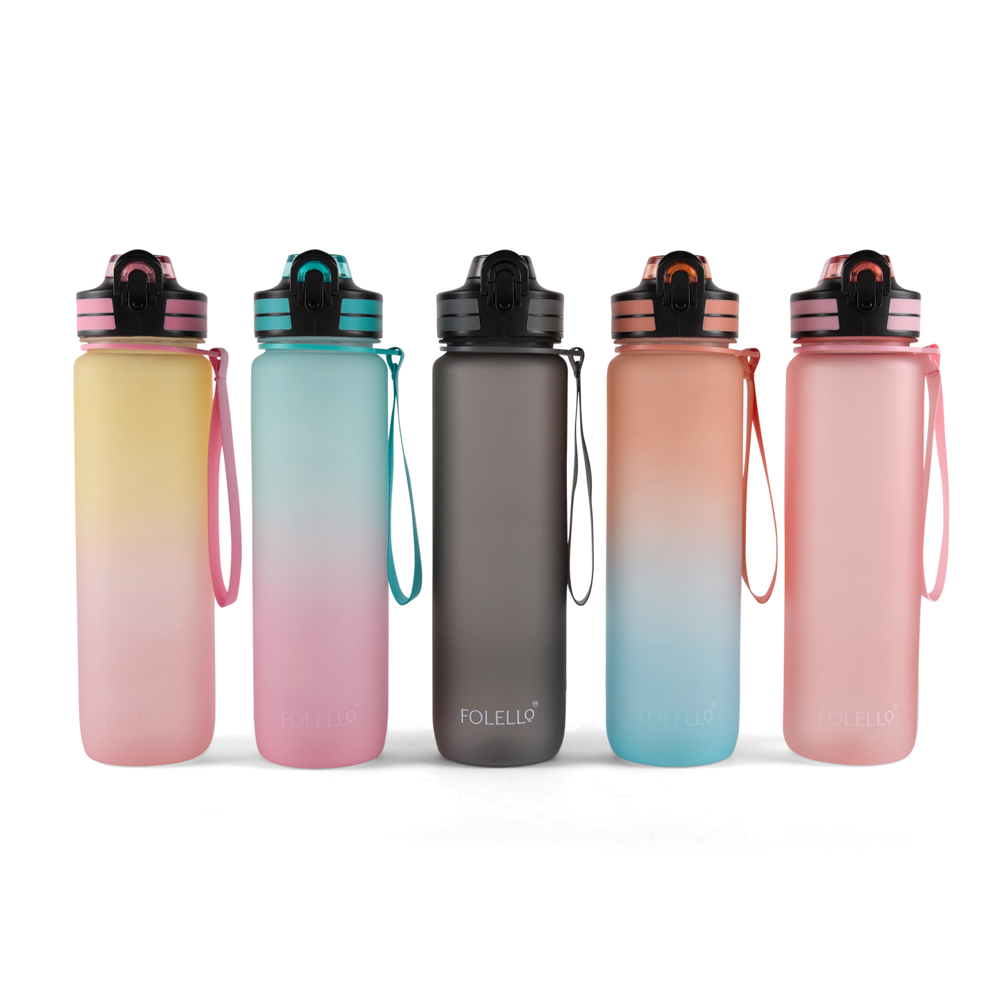Folello 1L Tritan Water Bottle with Motivational Time Marker | Leakproof Sipper Bottle for Gym, Office, and Travel | BPA-Free with Hydration Reminder App | Stylish Pink Lemon Design | 1 Litre