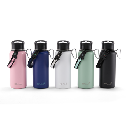FOLELLO 1L Thermos Steel Double Layer Vacuum Insulated Water Bottle | Keeps Drinks Hot for 12 Hours & Cold for 24 Hours | Includes Rope, Compass, Carabiner, 2 Lids (Straw Lid & Flip-Up Spout Sports Cap) | Perfect for Outdoor | Stylish Blue