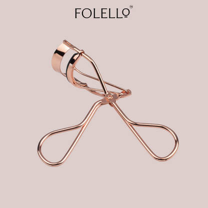 FOLELLO Rose Gold Eye Lash Grooming Kit - 1 Eyelash Curler with 1 Tweezer/Plucker for Women Facial Hair and 1 Small Grooming Scissor for Moustache Beard Eyebrow and Nose Hair 