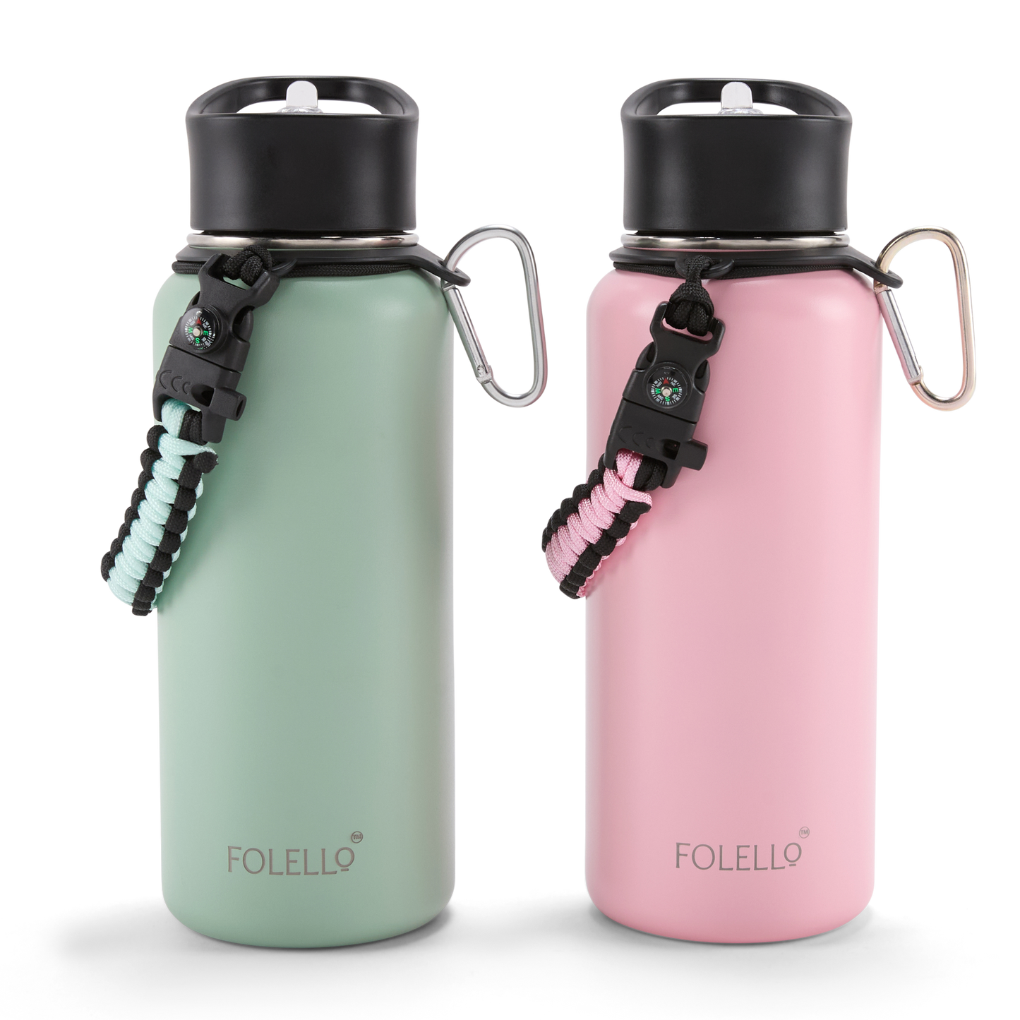 Folello 1L Thermos Steel Double Layer Vacuum Insulated Water Bottle | Keeps Drinks Hot for 12 Hours & Cold for 24 Hours | Includes Rope, Compass, Carabiner, 2 Lids (Straw & Flip-Up Spout) | Full-Length Steel Fruit Infuser | Detox Bottle | Mint Green