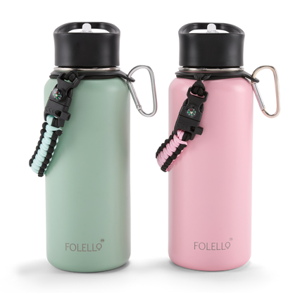 Folello 1L Thermos Steel Double Layer Vacuum Insulated Water Bottle | Keeps Drinks Hot for 12 Hours & Cold for 24 Hours | Includes Rope, Compass, Carabiner, 2 Lids (Straw & Flip-Up Spout) | Full-Length Steel Fruit Infuser | Detox Bottle | Mint Green